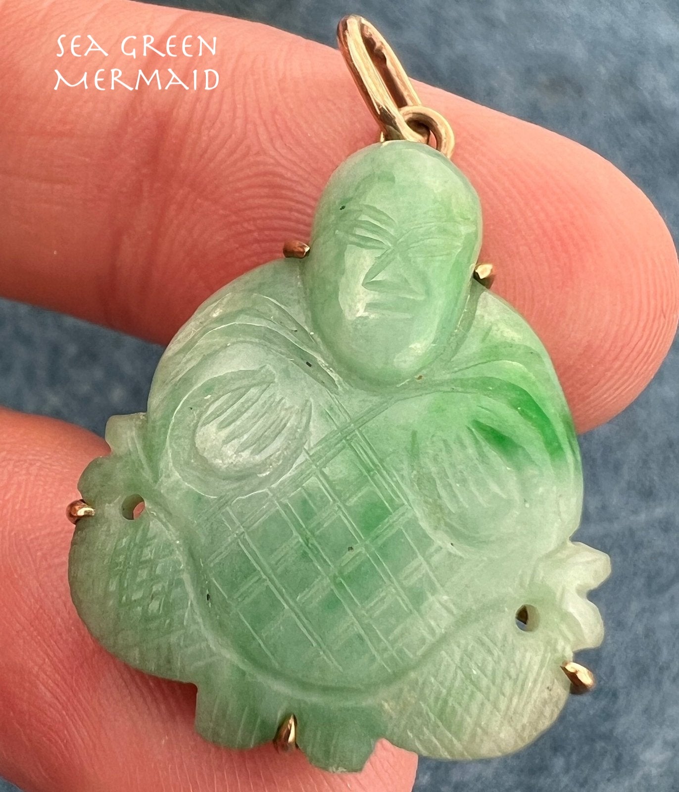 14k Gold Jade Carved Good Luck "Gift Giving" Buddha Pendant. 1" + 5.7g