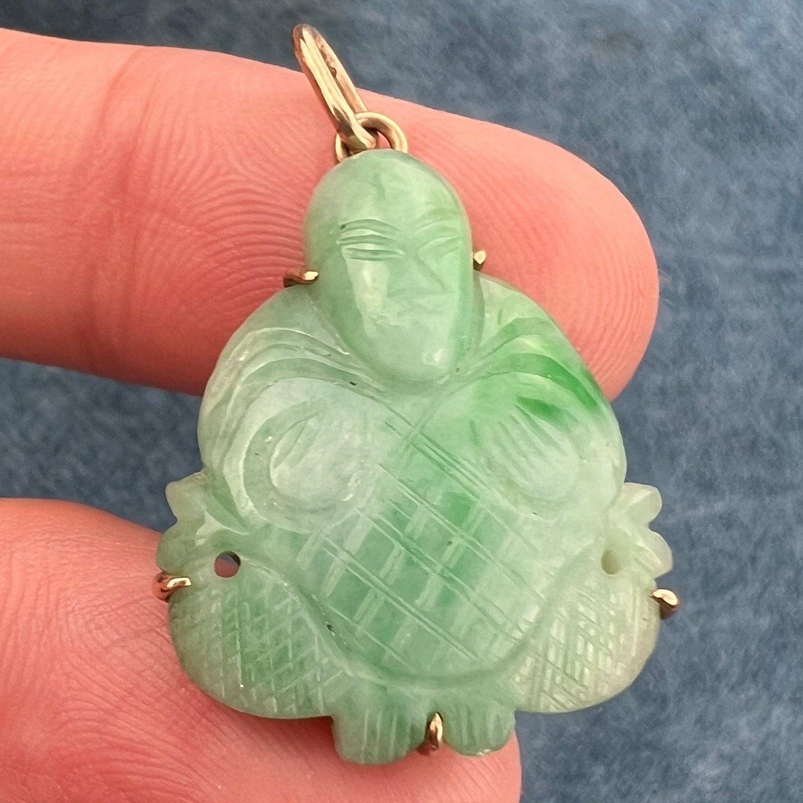 14k Gold Jade Carved Good Luck "Gift Giving" Buddha Pendant. 1" + 5.7g