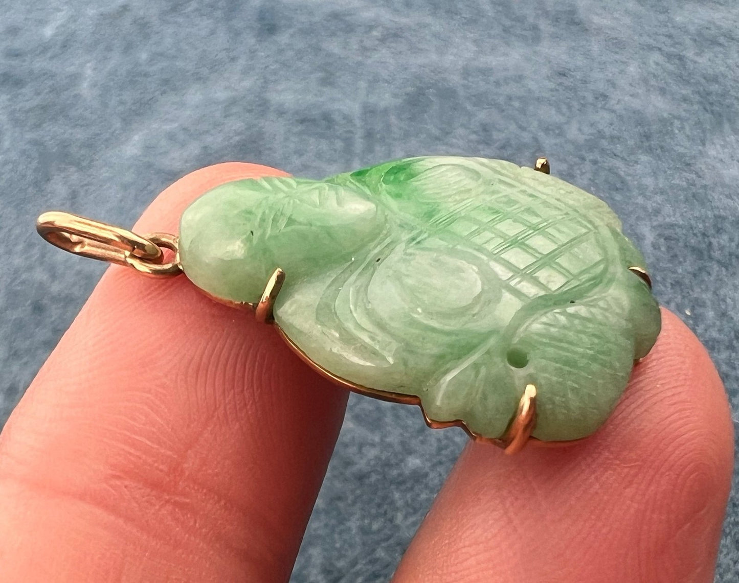 14k Gold Jade Carved Good Luck "Gift Giving" Buddha Pendant. 1" + 5.7g