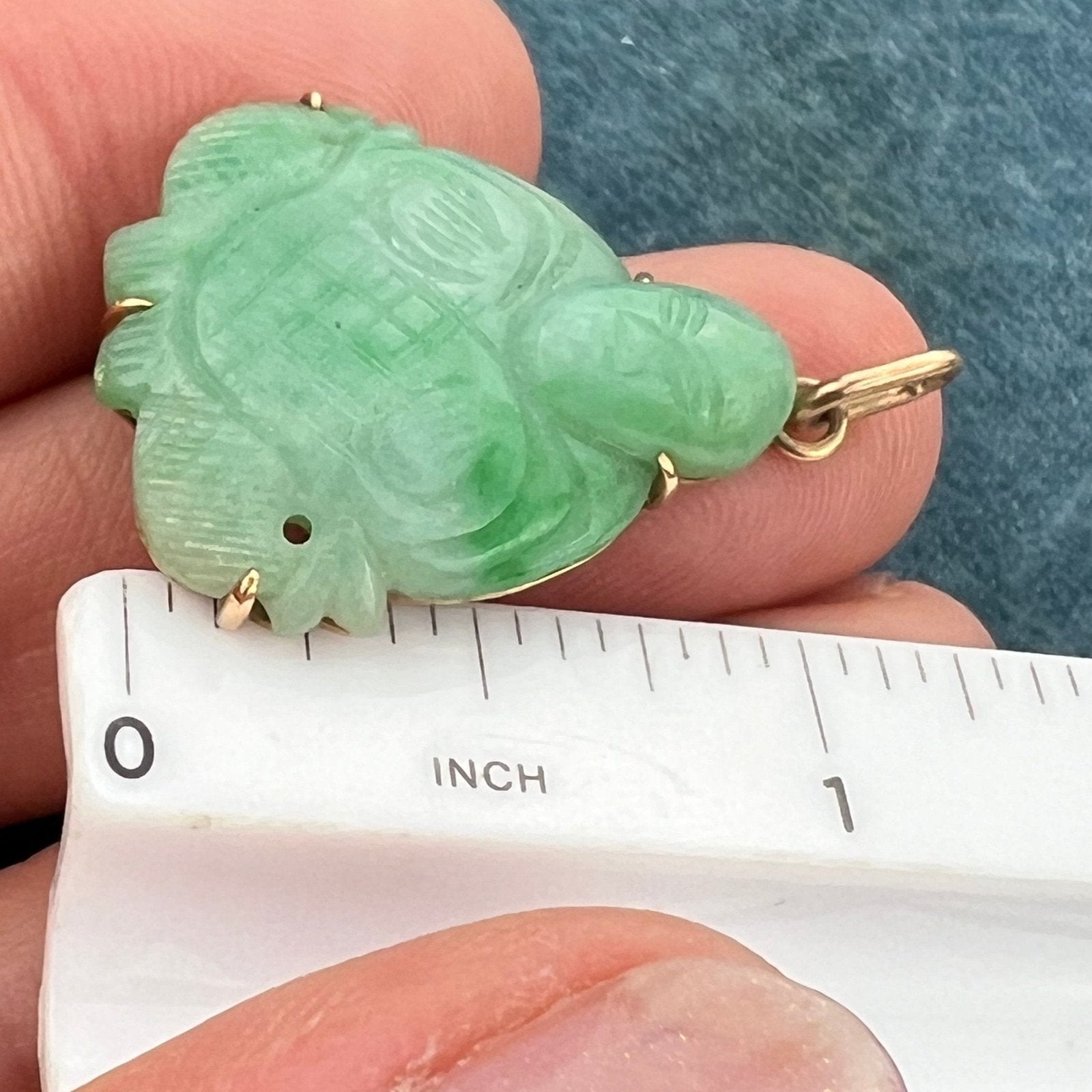 14k Gold Jade Carved Good Luck "Gift Giving" Buddha Pendant. 1" + 5.7g