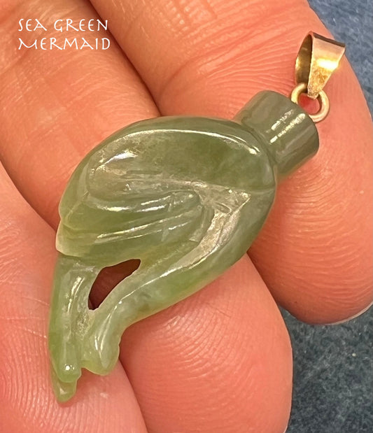 14k Gold Jade Carved "Hand of Buddha" Mudra Pendant. Intellect + Energy