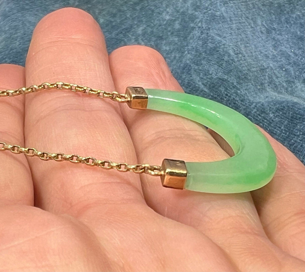 14k Gold Jade Crescent Moon Half Circle Chain Necklace. Apple Green