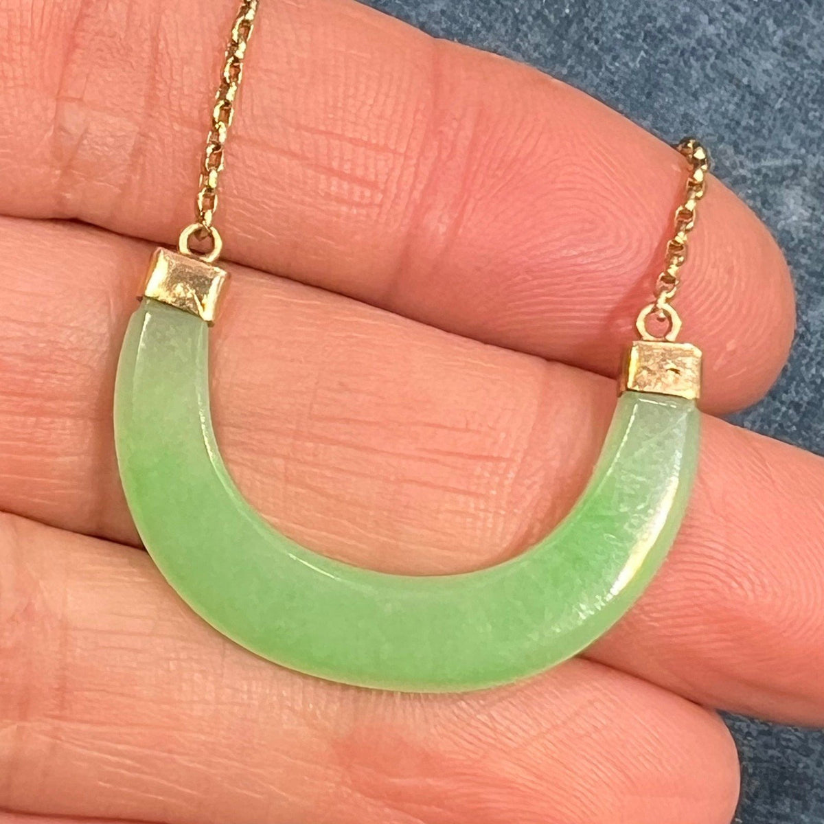 14k Gold Jade Crescent Moon Half Circle Chain Necklace. Apple Green