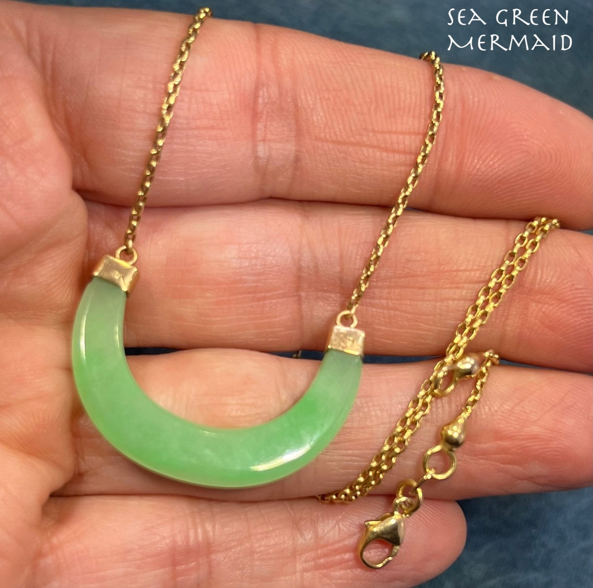 14k Gold Jade Crescent Moon Half Circle Chain Necklace. Apple Green
