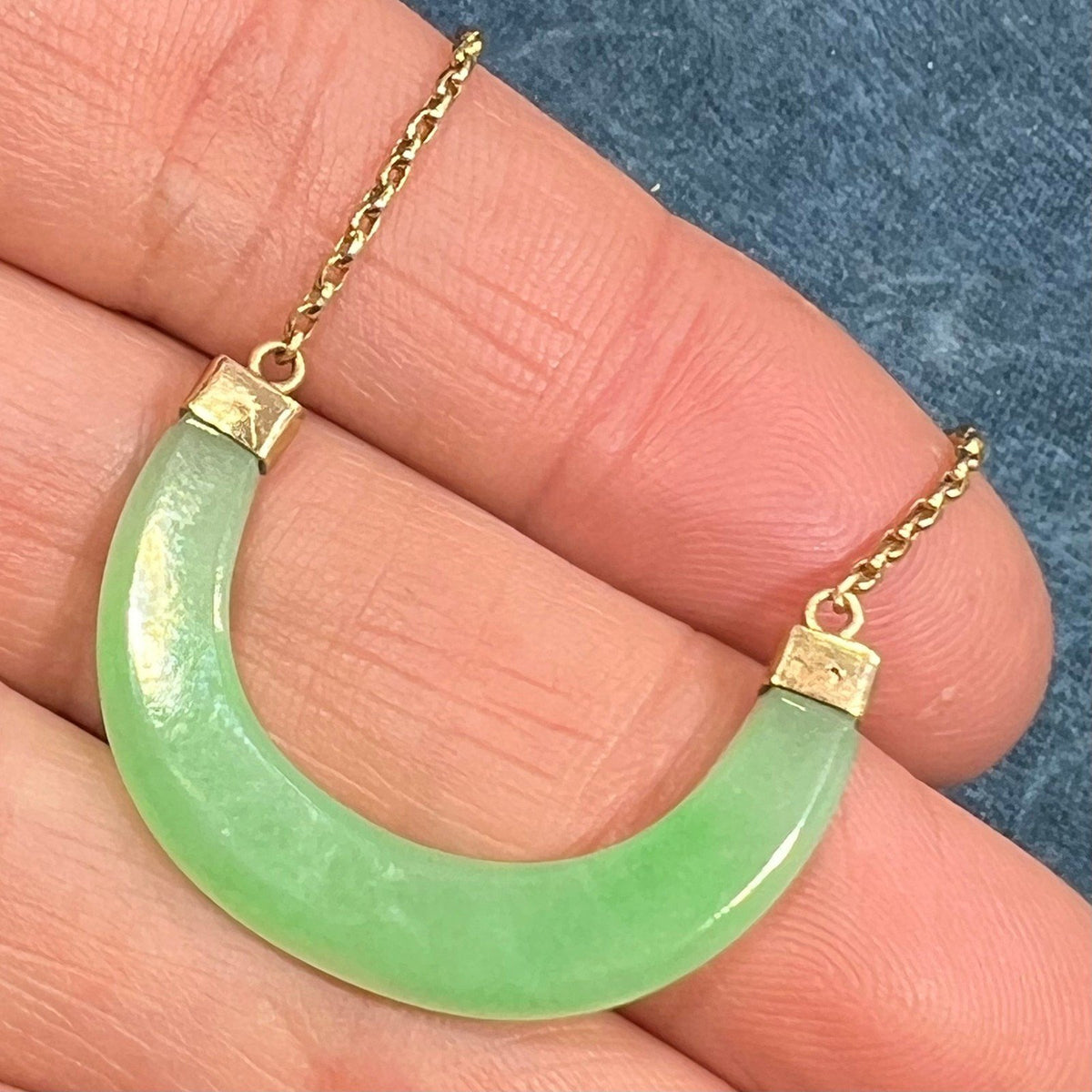 14k Gold Jade Crescent Moon Half Circle Chain Necklace. Apple Green