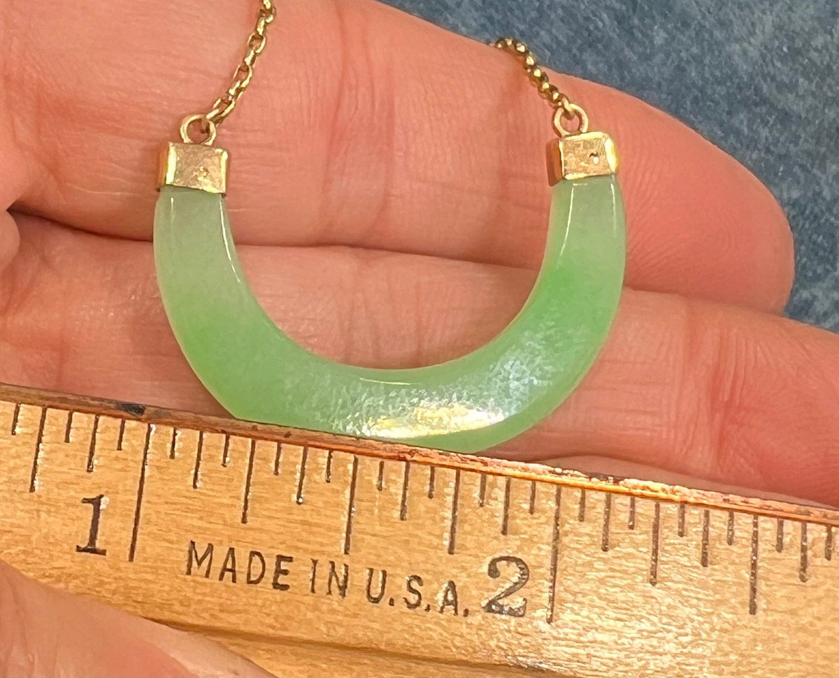 14k Gold Jade Crescent Moon Half Circle Chain Necklace. Apple Green