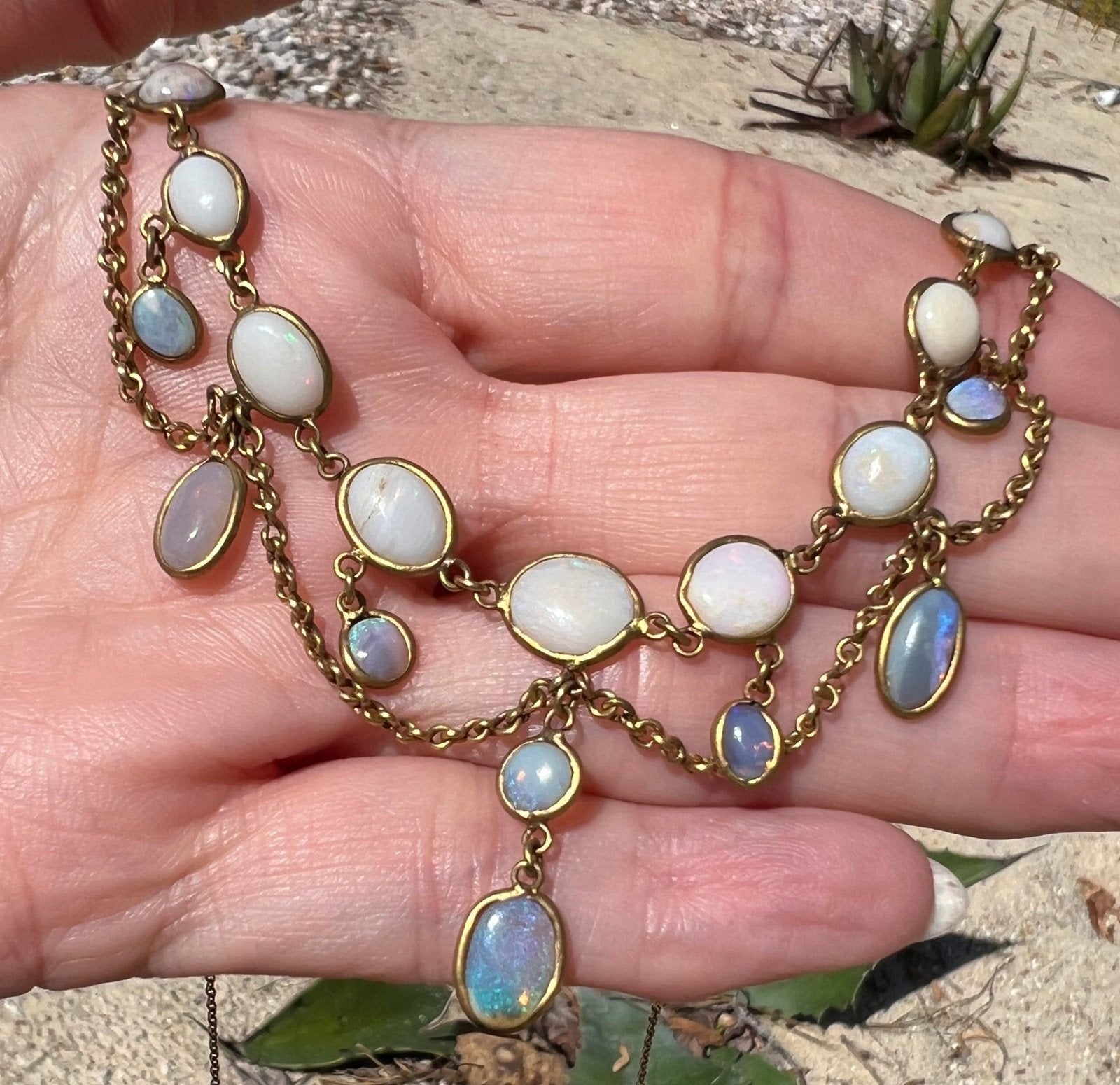 14k Gold Jelly Opal Festoon Bib Necklace. Victorian *Video*