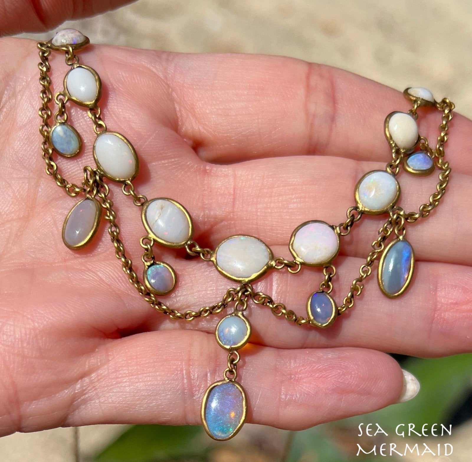 14k Gold Jelly Opal Festoon Bib Necklace. Victorian *Video*