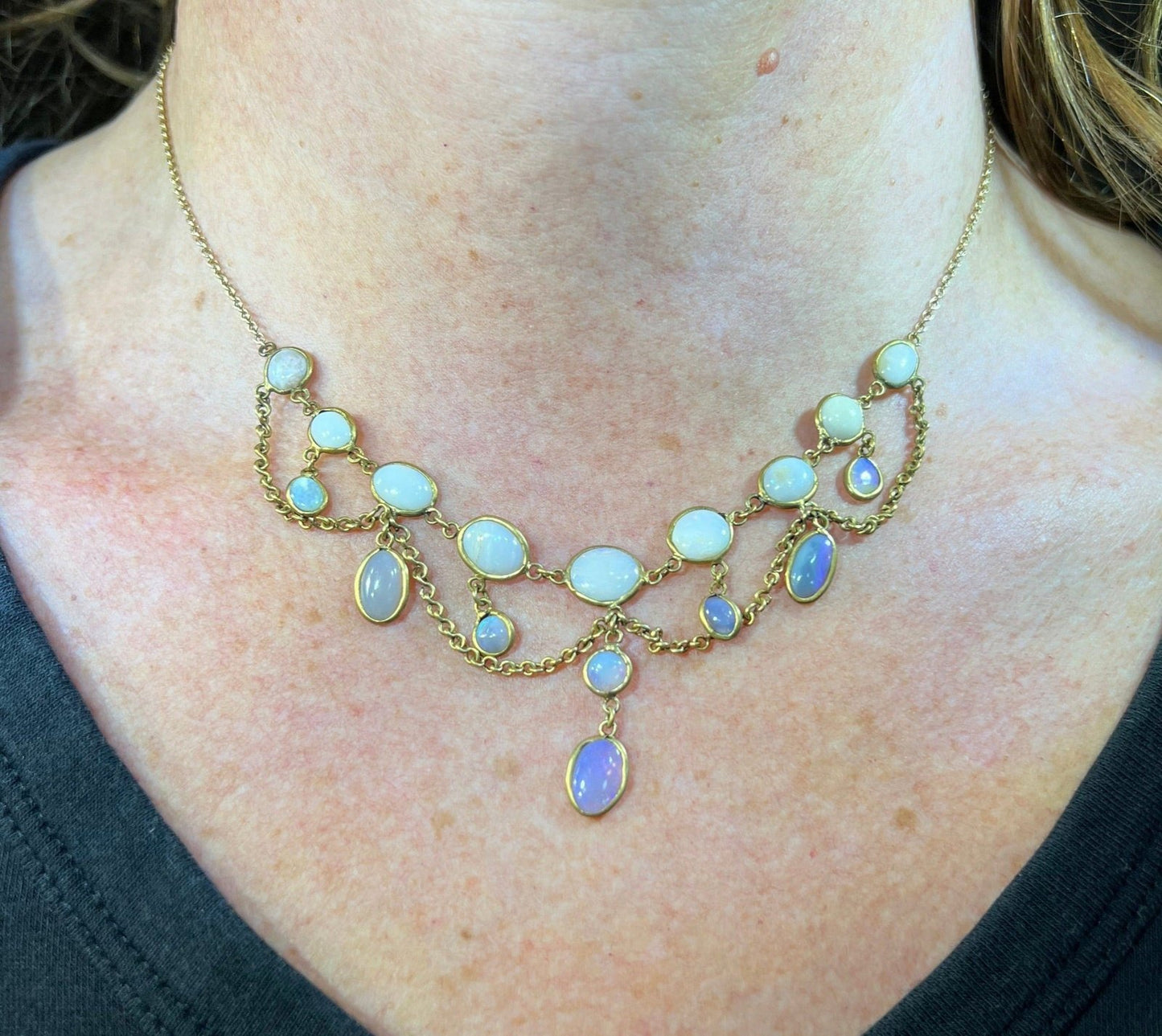 14k Gold Jelly Opal Festoon Bib Necklace. Victorian *Video*