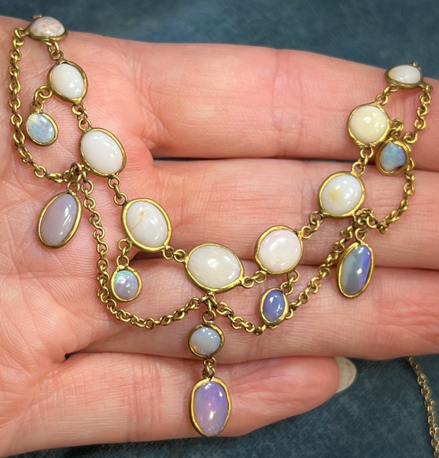 14k Gold Jelly Opal Festoon Bib Necklace. Victorian *Video*