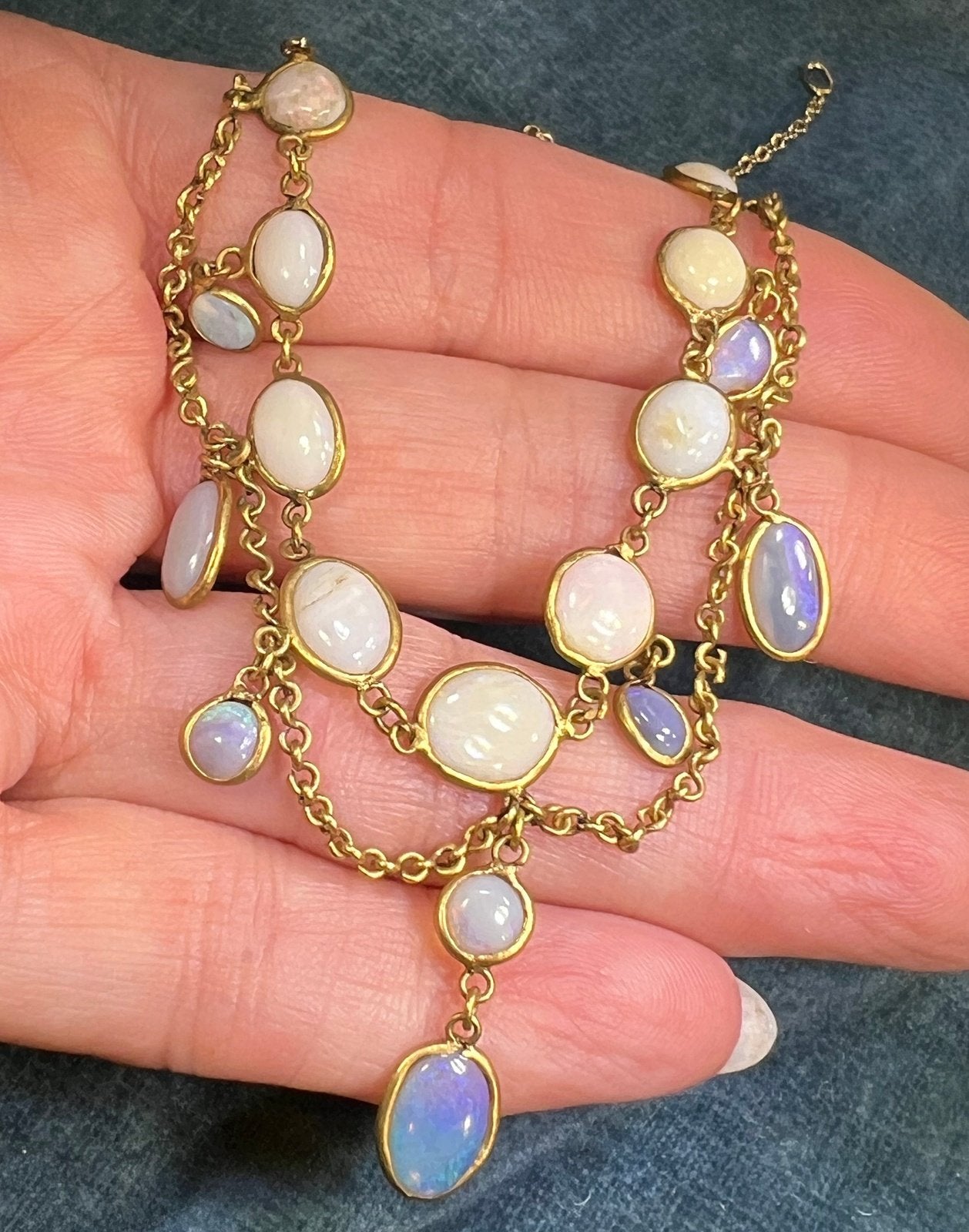 14k Gold Jelly Opal Festoon Bib Necklace. Victorian *Video*