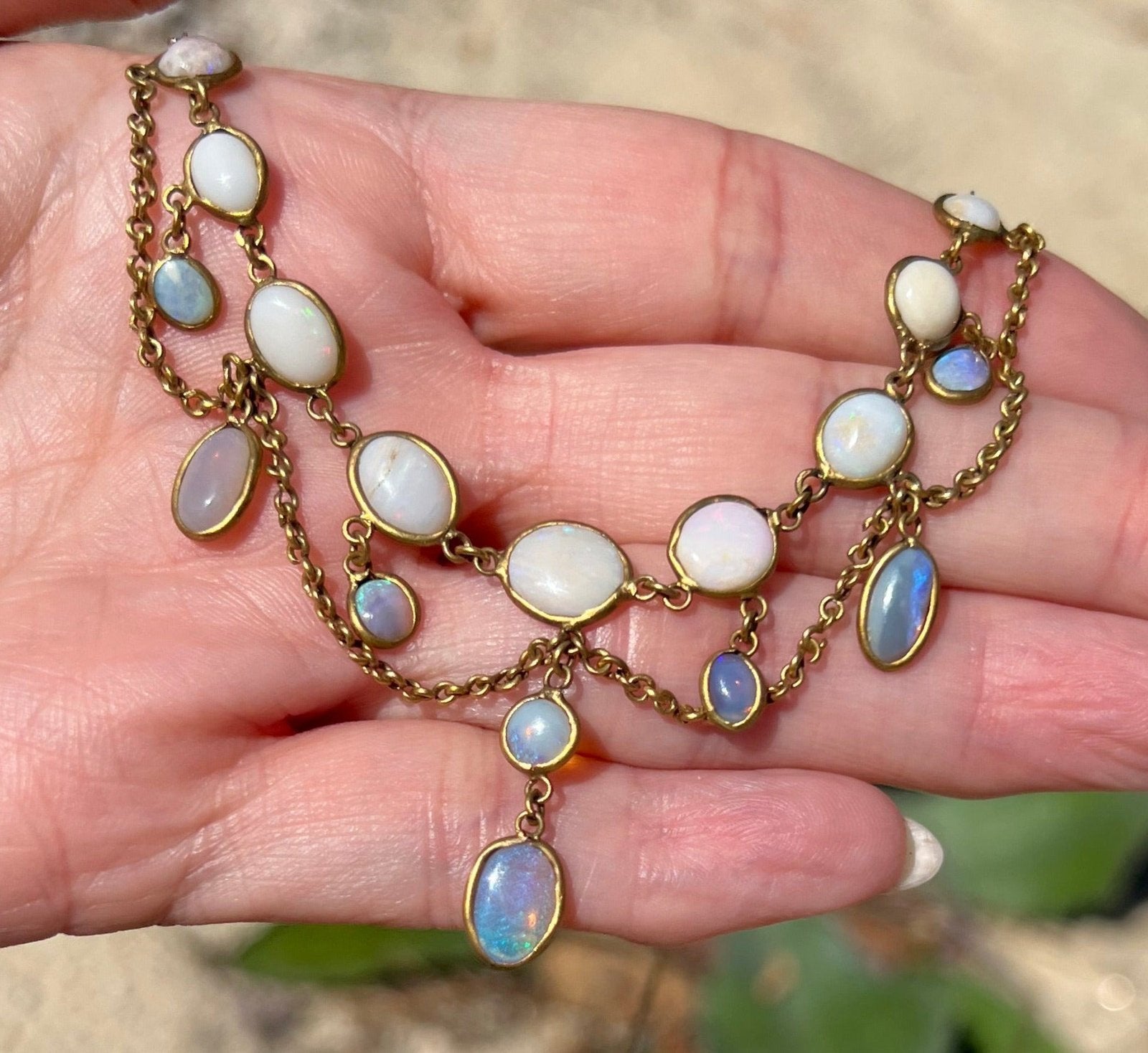 14k Gold Jelly Opal Festoon Bib Necklace. Victorian *Video*