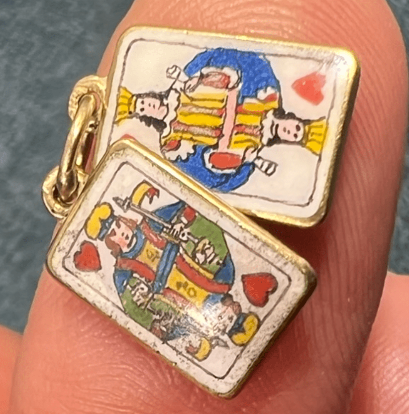 14k Gold King + Queen of Hearts 2 Playing Cards Pendants *Tiny!*