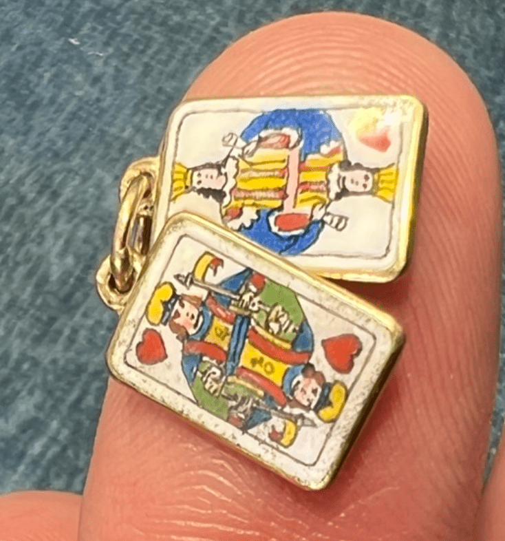 14k Gold King + Queen of Hearts 2 Playing Cards Pendants *Tiny!*