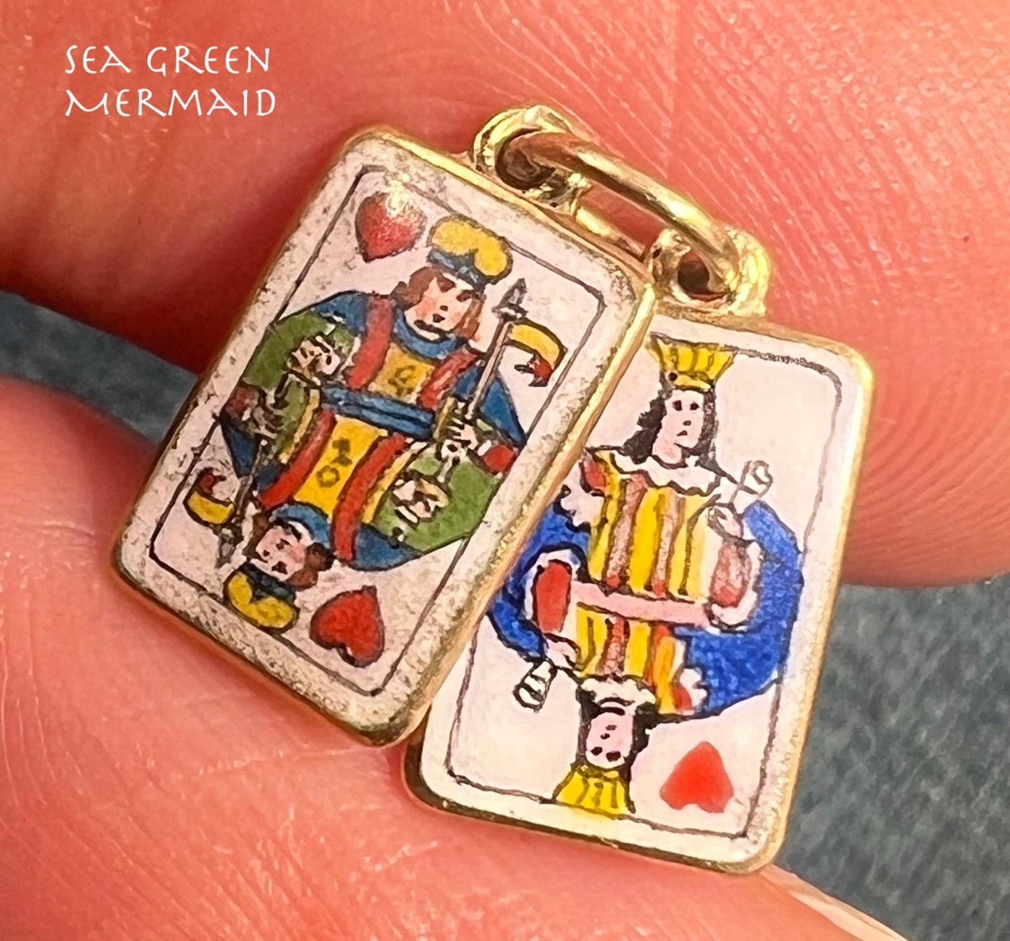 14k Gold King + Queen of Hearts 2 Playing Cards Pendants *Tiny!*