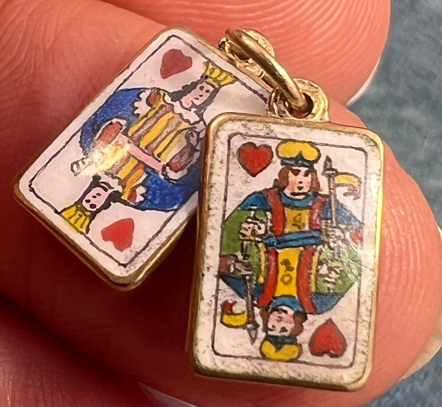 14k Gold King + Queen of Hearts 2 Playing Cards Pendants *Tiny!*