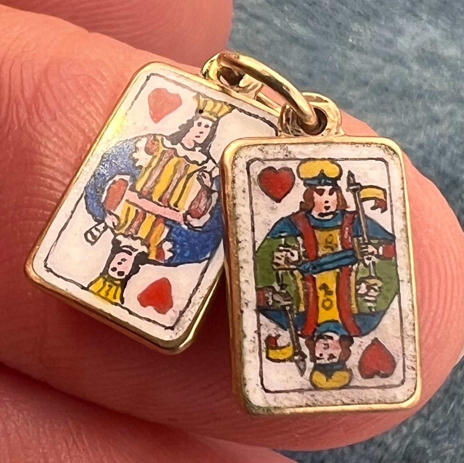 14k Gold King + Queen of Hearts 2 Playing Cards Pendants *Tiny!*