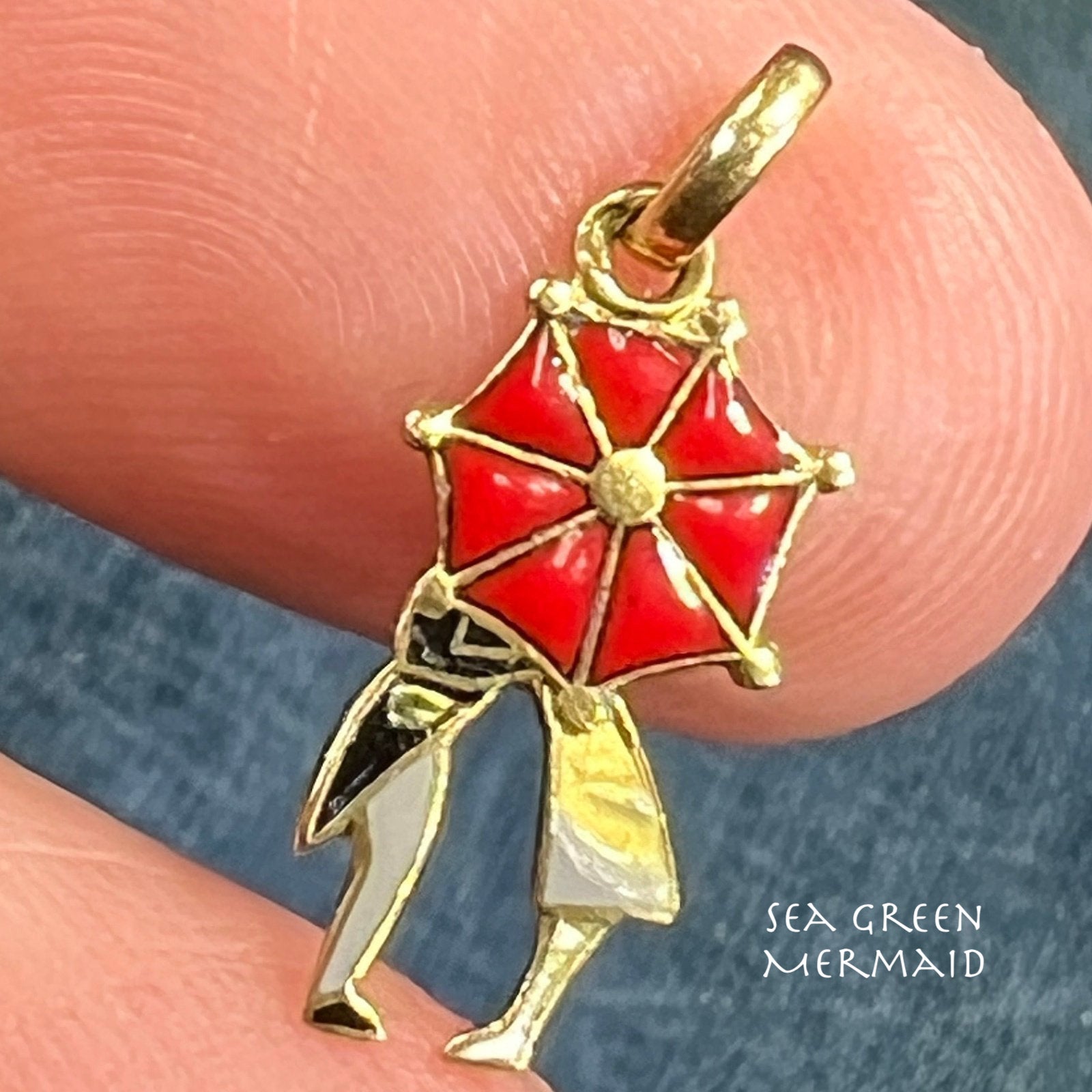 14k Gold "Kissing in the Rain" Under Red Umbrella Pendant. Tiny!