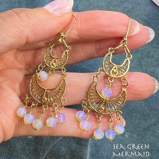 14k Gold Lavender Jelly Opal Dangle Chandelier Earrings. 2.5" *Video*