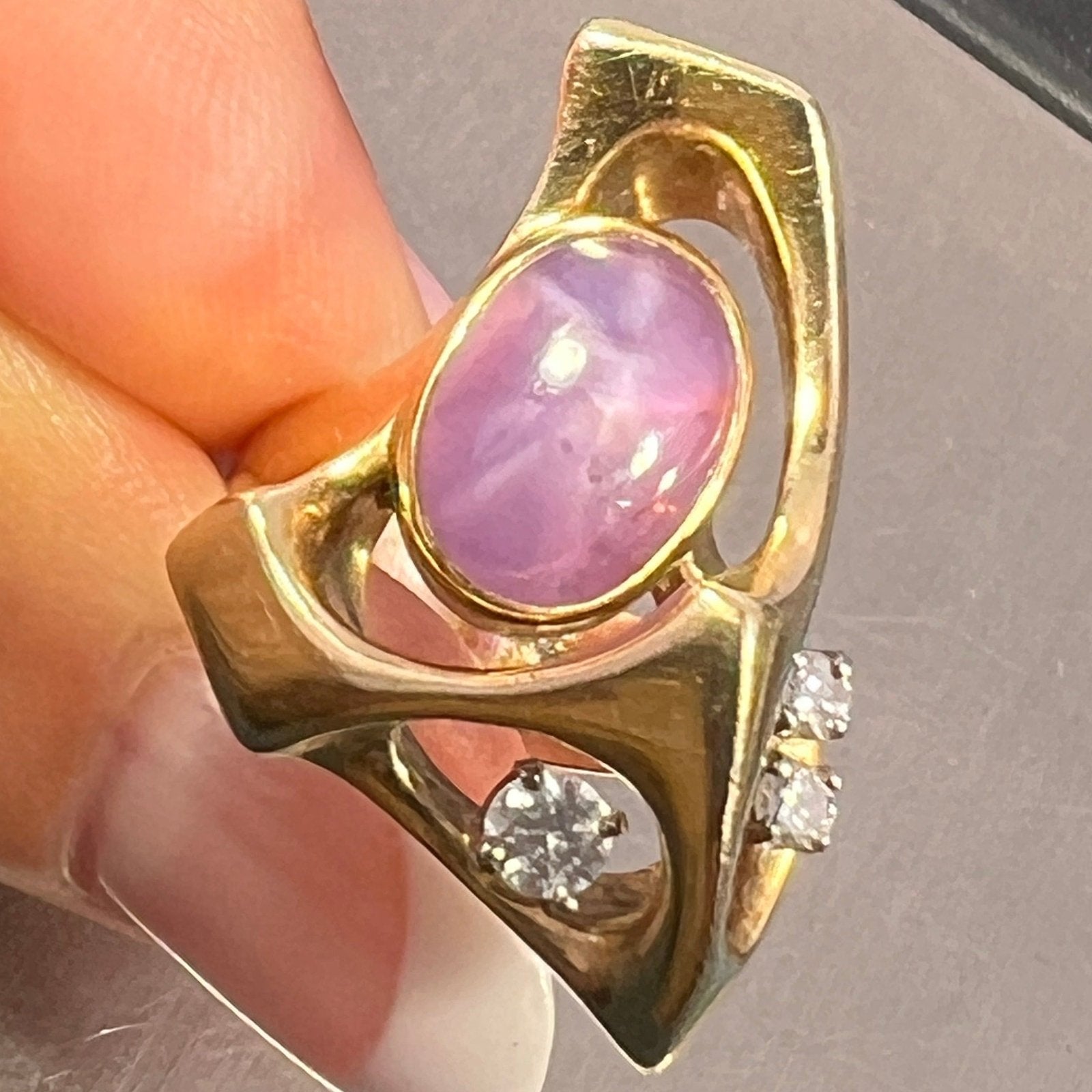 14k Gold Lavender Star Sapphire + Diamond Modern Ring 1" + 15g *VIDEO*