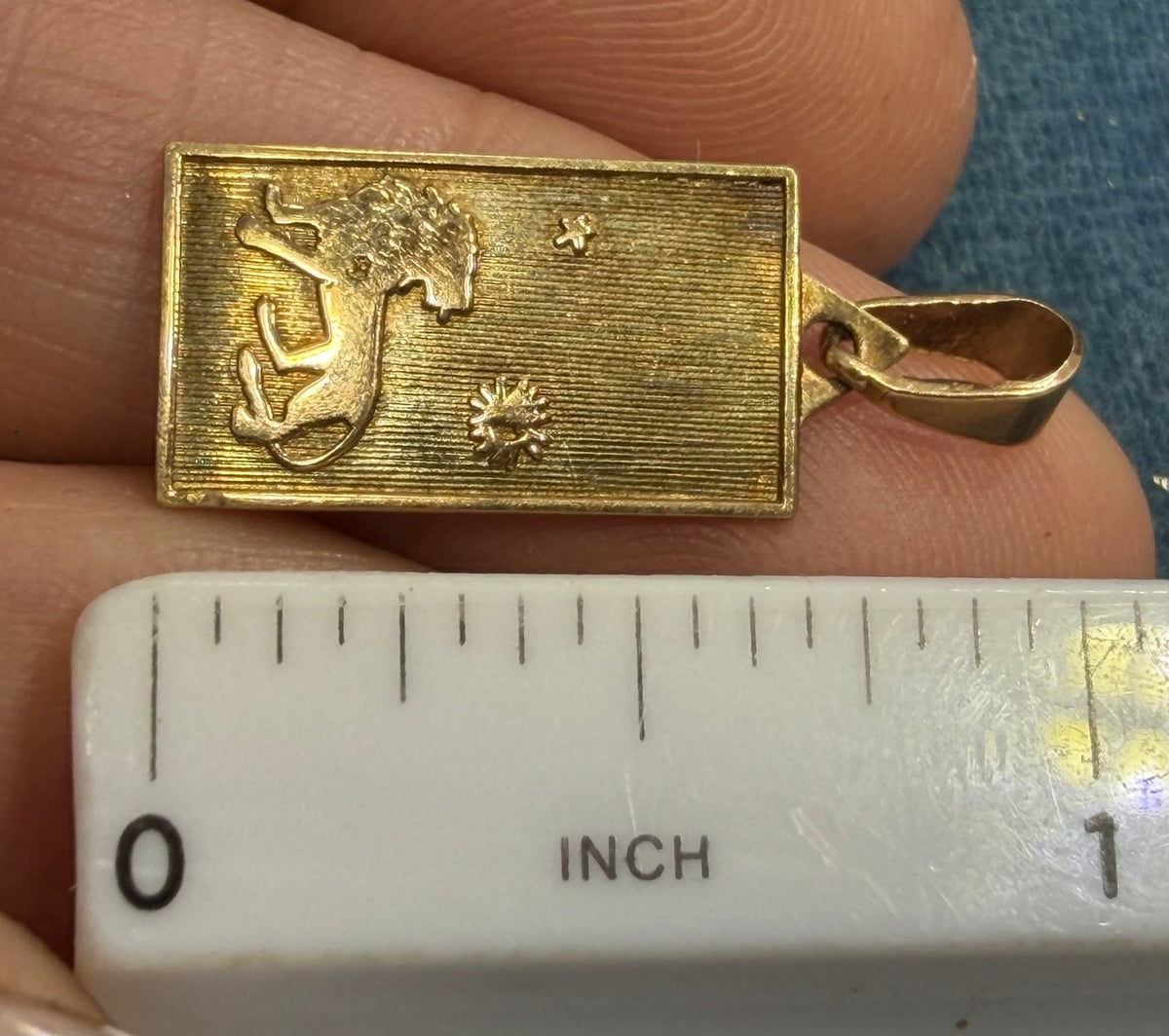 14k Gold Leo Lion Medallion Dog Tag Pendant w Sun + Star. Astrology