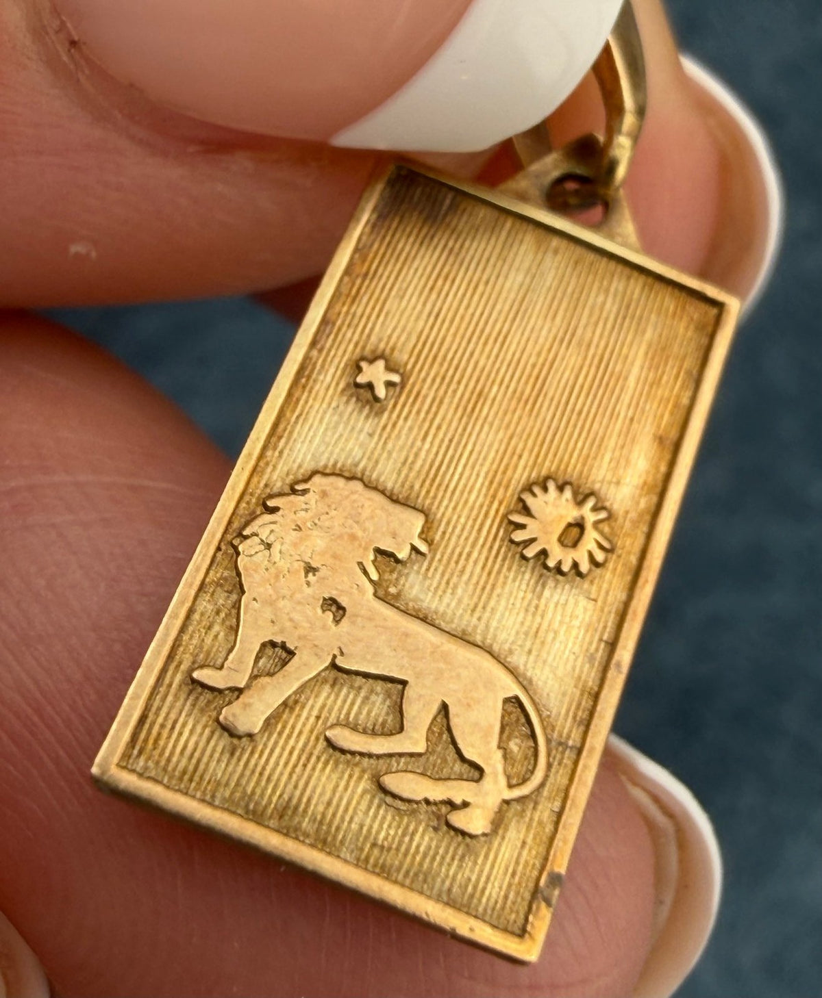 14k Gold Leo Lion Medallion Dog Tag Pendant w Sun + Star. Astrology