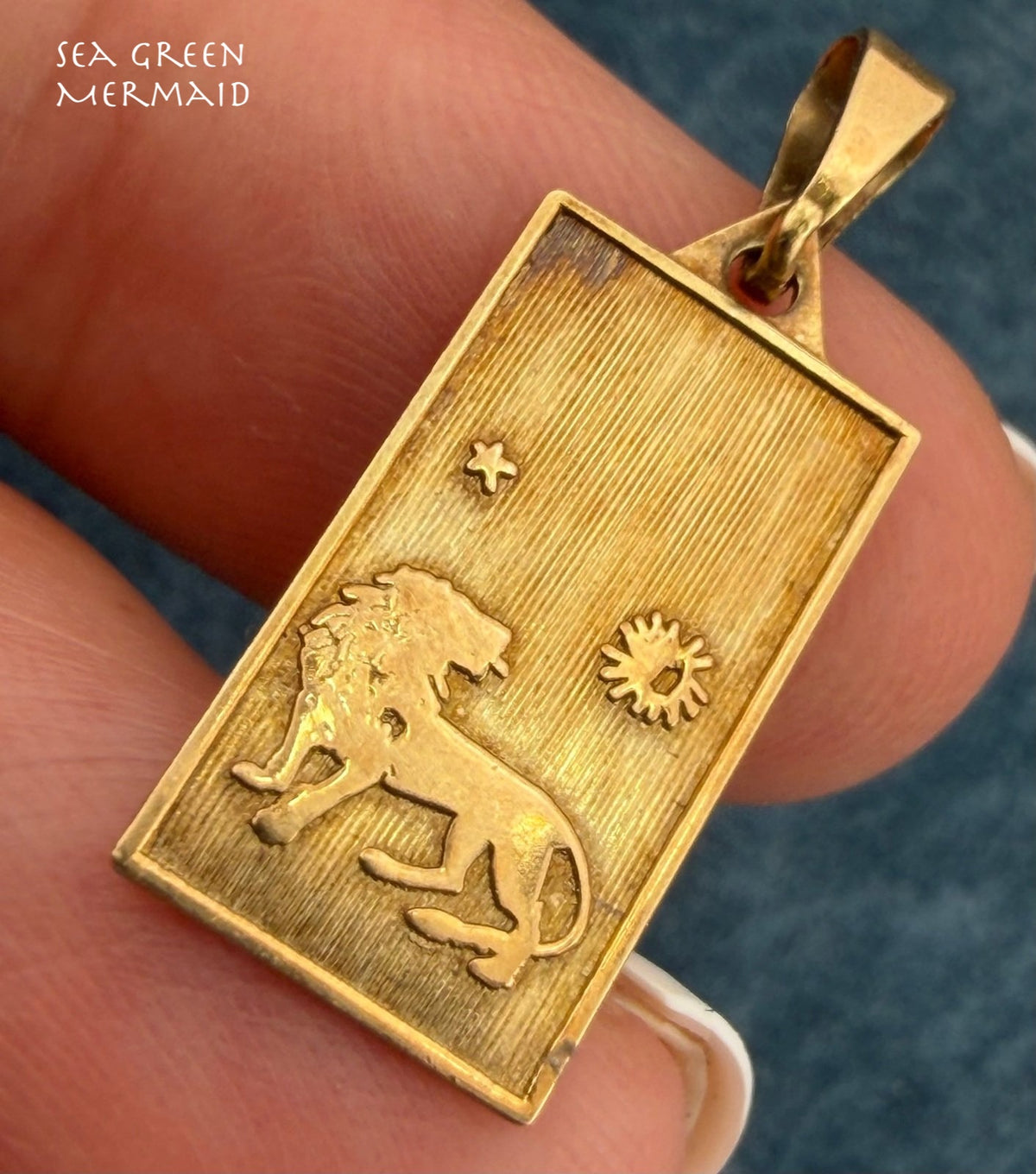 14k Gold Leo Lion Medallion Dog Tag Pendant w Sun + Star. Astrology