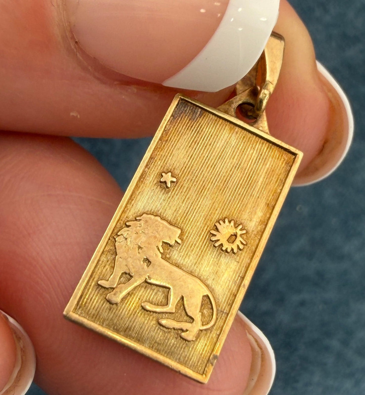 14k Gold Leo Lion Medallion Dog Tag Pendant w Sun + Star. Astrology