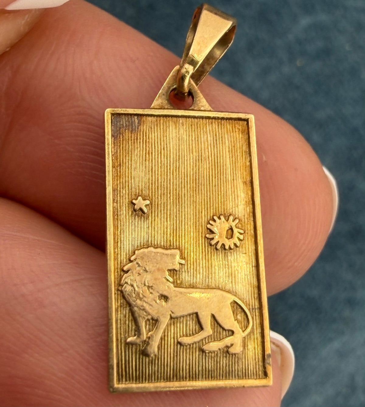14k Gold Leo Lion Medallion Dog Tag Pendant w Sun + Star. Astrology