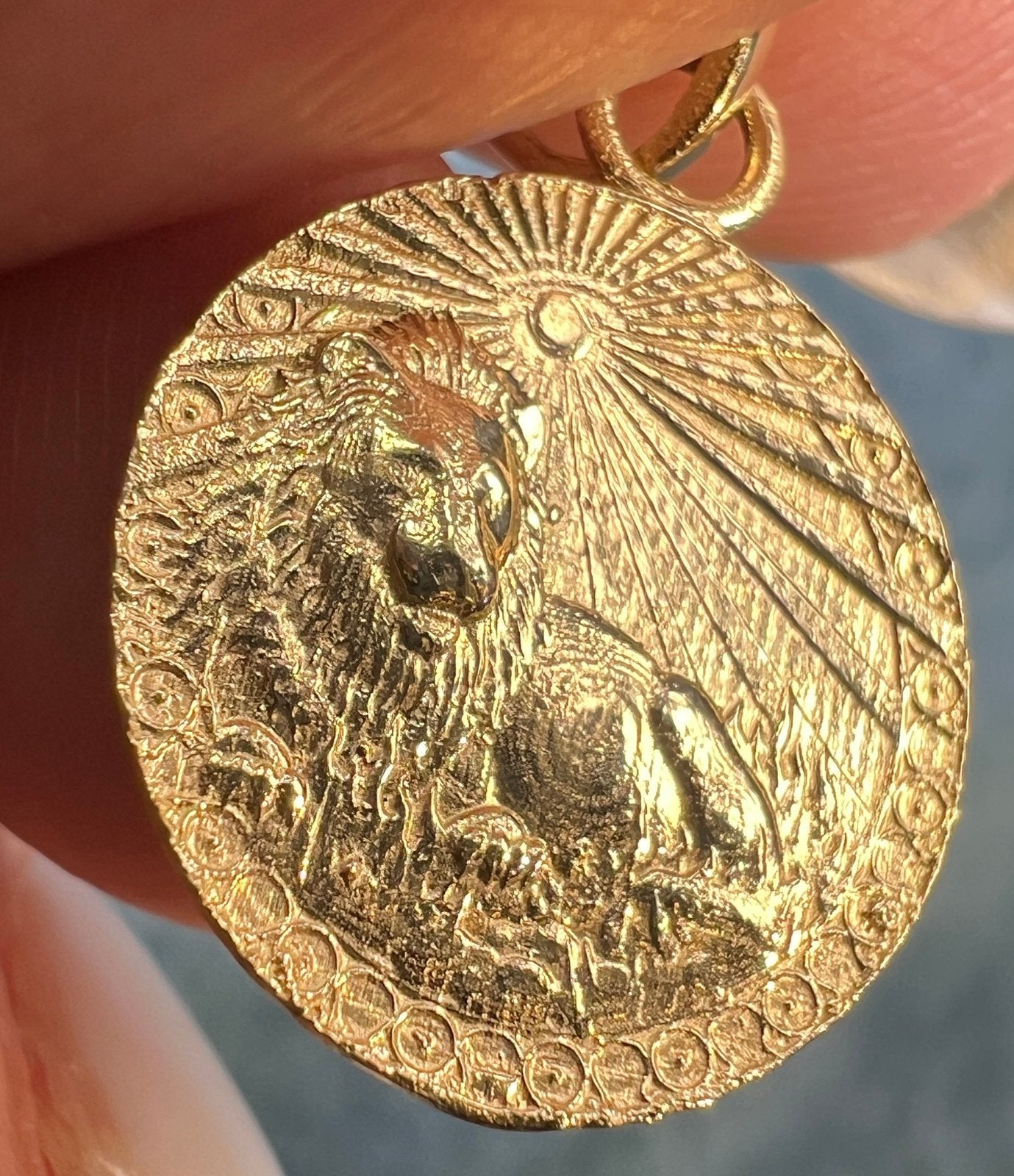 14k Gold Lion Aslan + Sunburst Medallion Disc Pendant *Video*