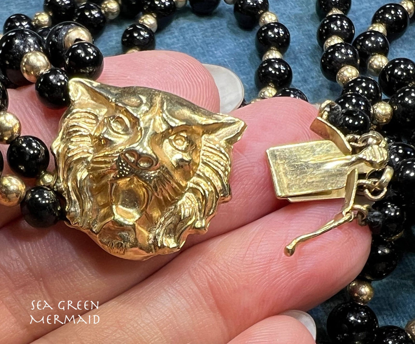 14k Gold Lion Tiger Head Clasp w Onyx + 14k Gold Bead Necklace