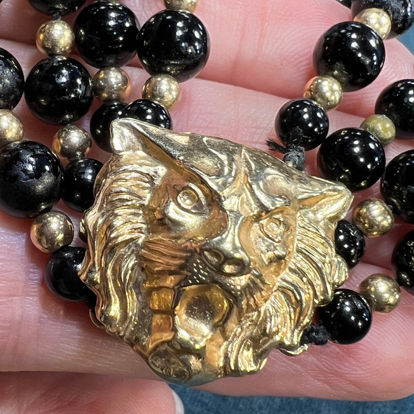 14k Gold Lion Tiger Head Clasp w Onyx + 14k Gold Bead Necklace