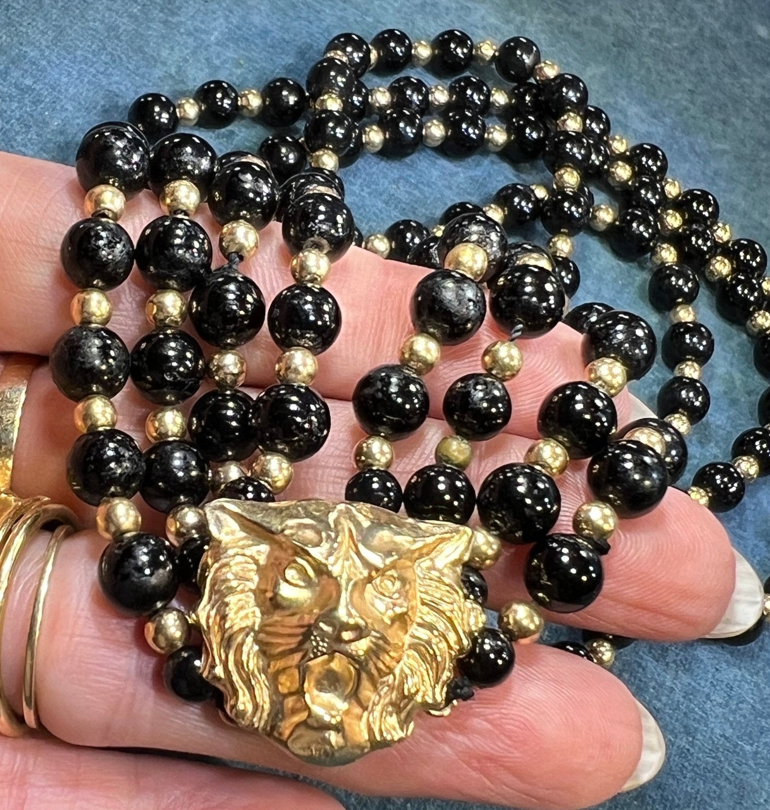 14k Gold Lion Tiger Head Clasp w Onyx + 14k Gold Bead Necklace