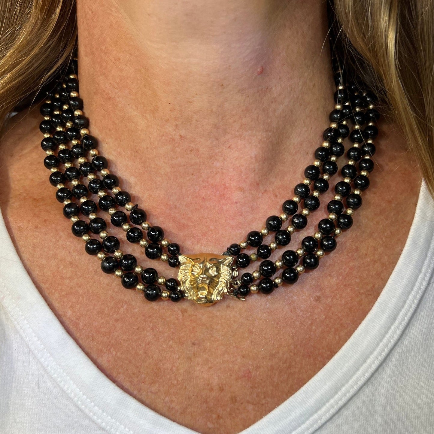 14k Gold Lion Tiger Head Clasp w Onyx + 14k Gold Bead Necklace