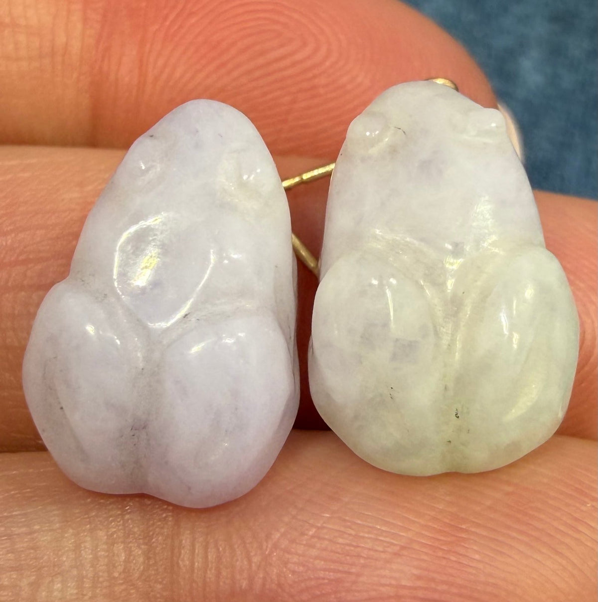 14k Gold Lucky Carved Lavender Purple Jade Baby Frog Earrings *Video*