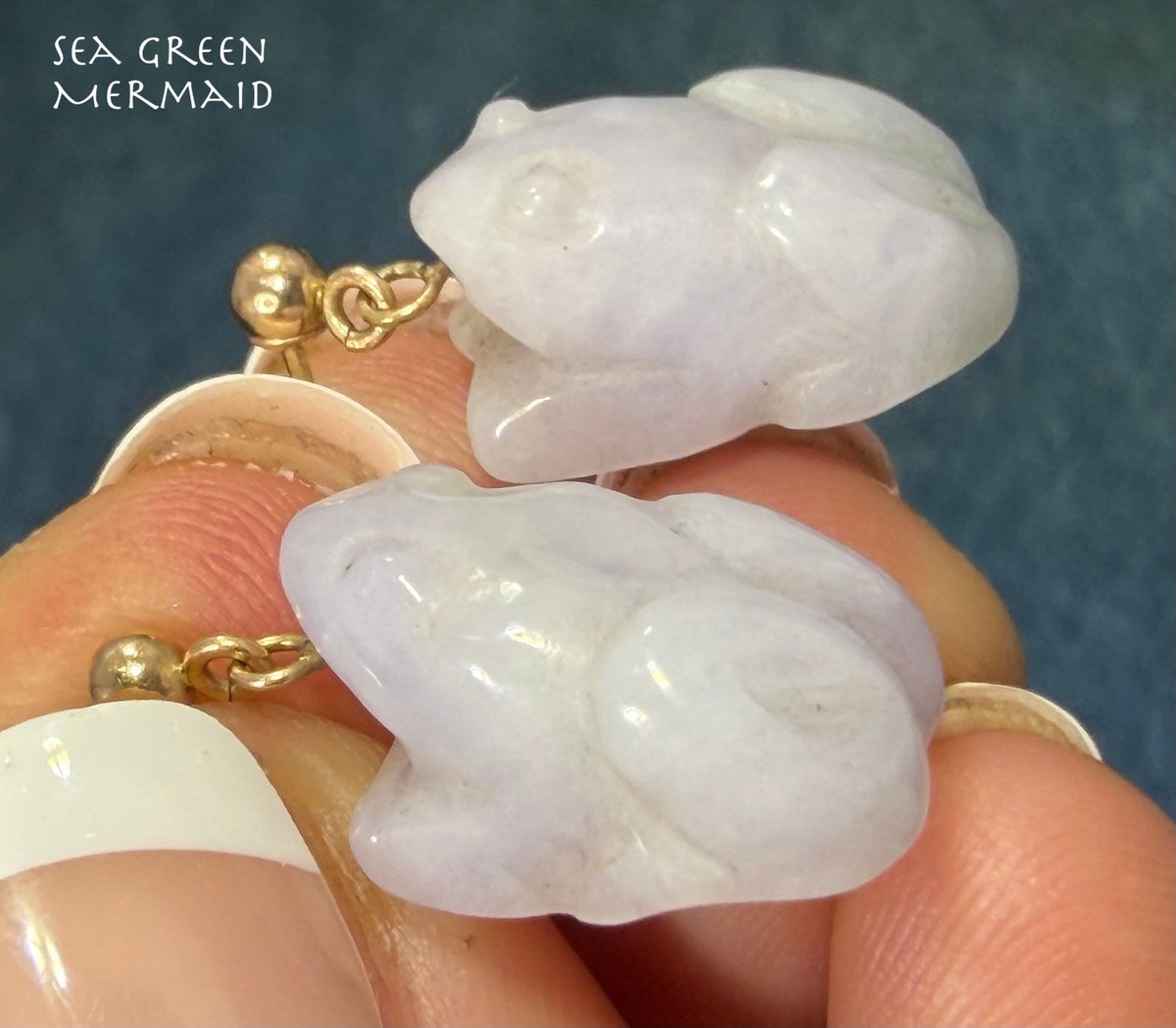 14k Gold Lucky Carved Lavender Purple Jade Baby Frog Earrings *Video*