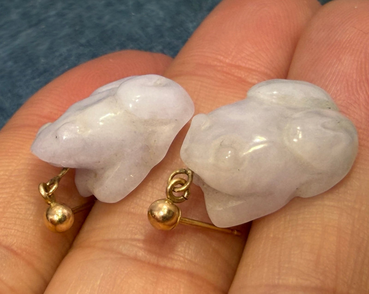 14k Gold Lucky Carved Lavender Purple Jade Baby Frog Earrings *Video*