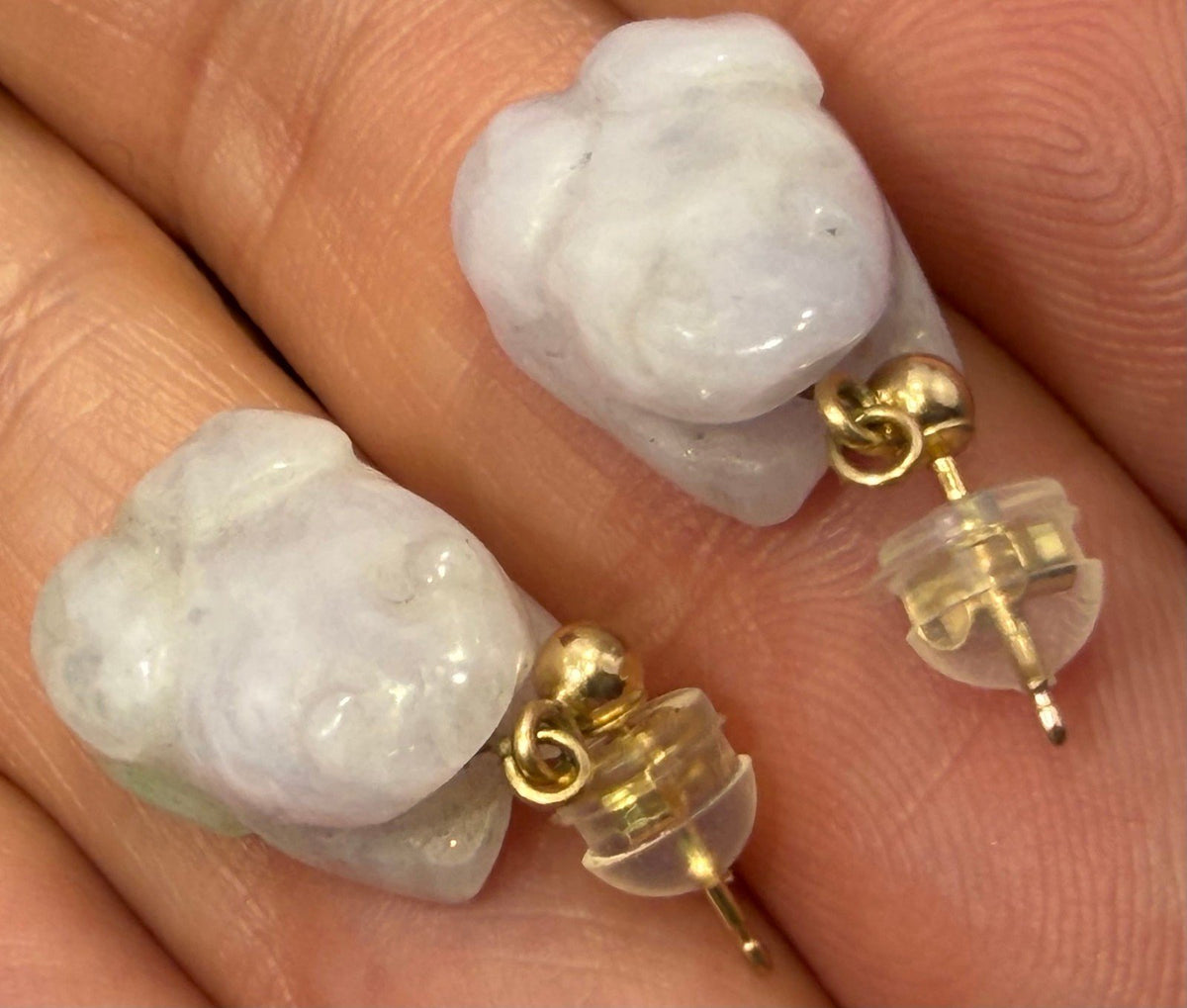 14k Gold Lucky Carved Lavender Purple Jade Baby Frog Earrings *Video*