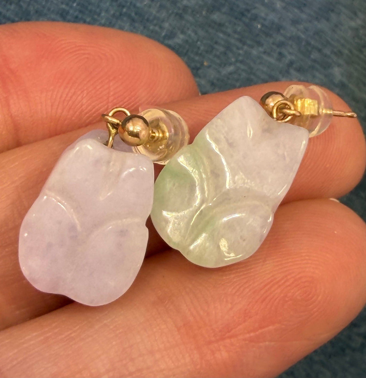 14k Gold Lucky Carved Lavender Purple Jade Baby Frog Earrings *Video*