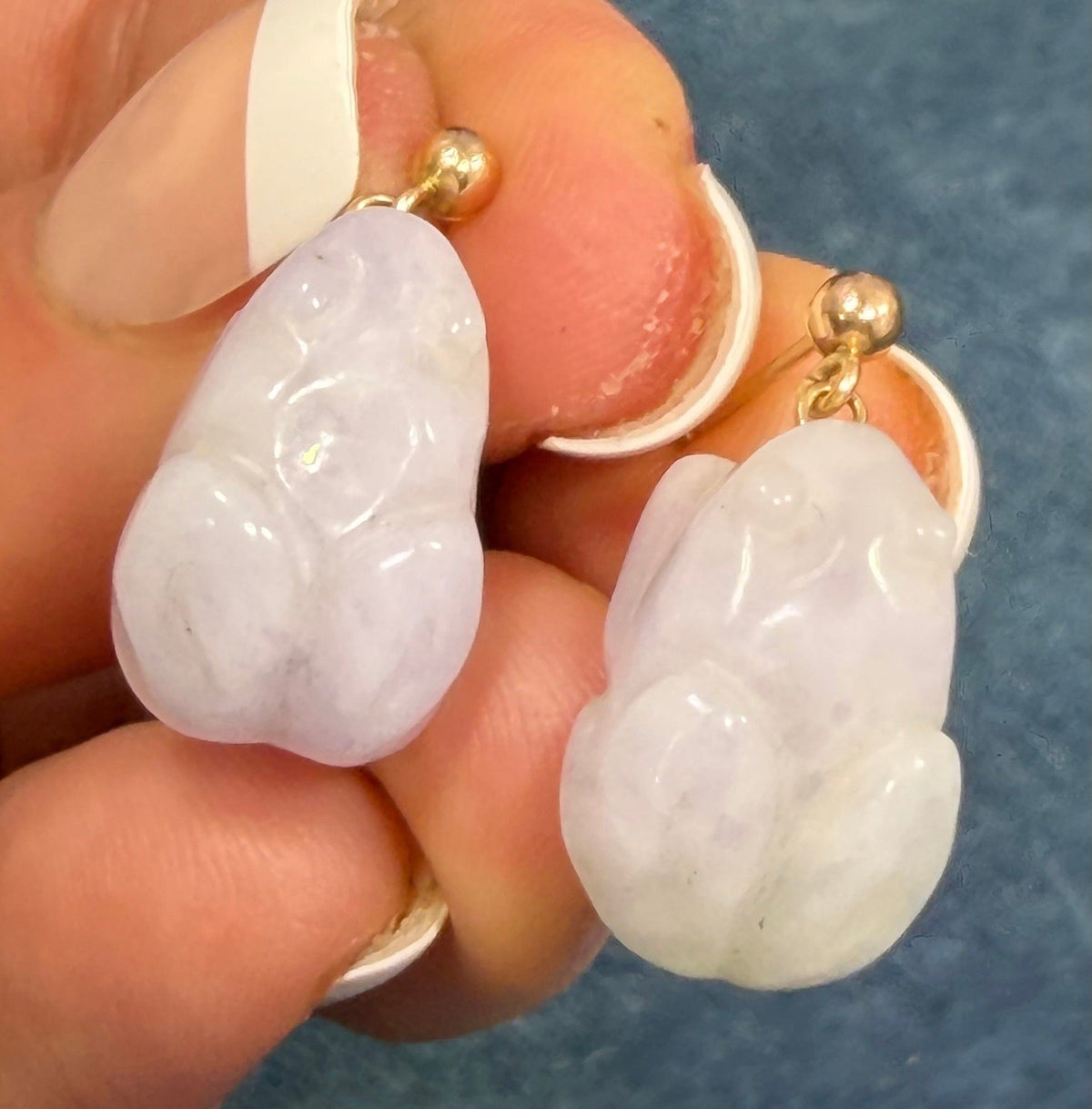 14k Gold Lucky Carved Lavender Purple Jade Baby Frog Earrings *Video*