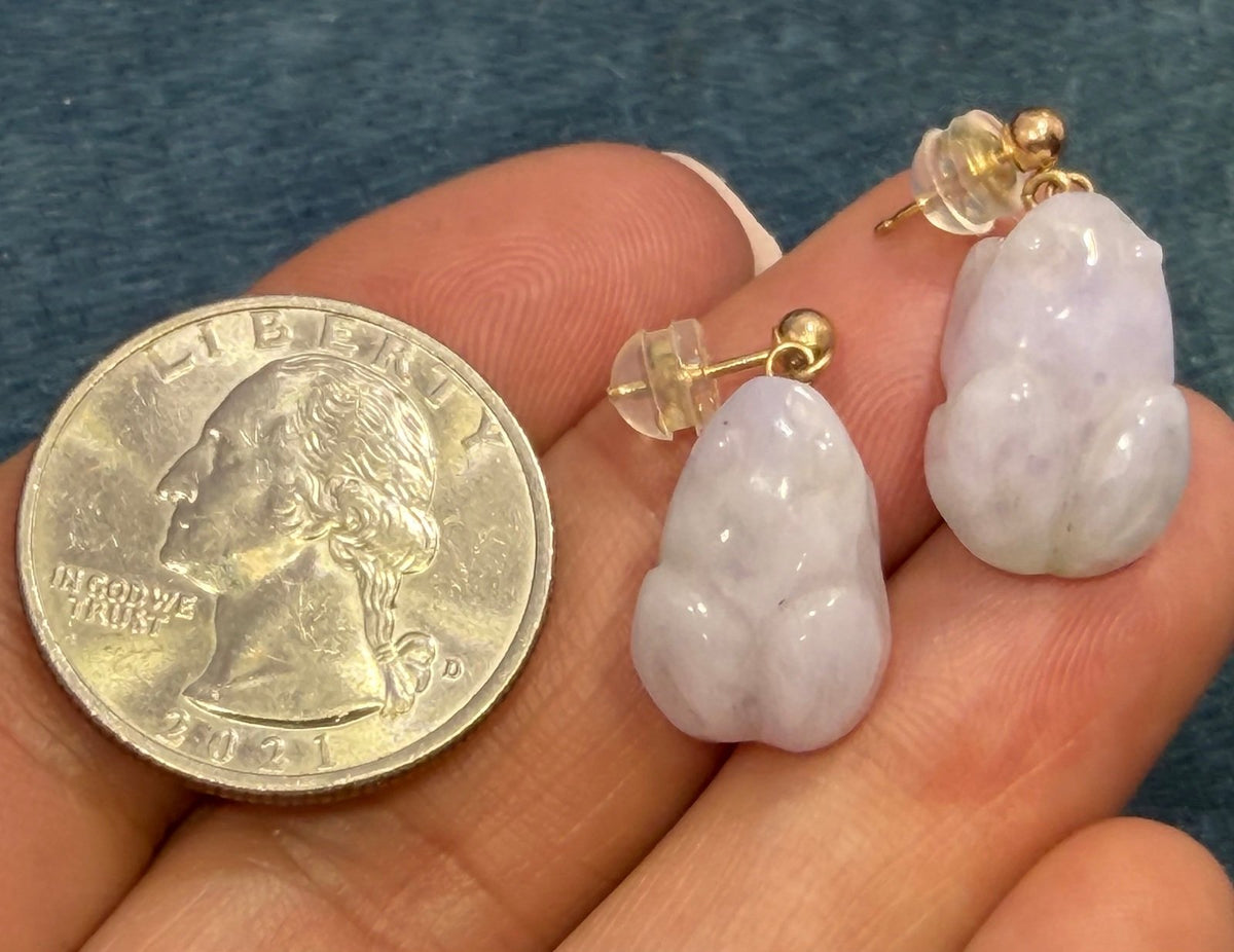 14k Gold Lucky Carved Lavender Purple Jade Baby Frog Earrings *Video*