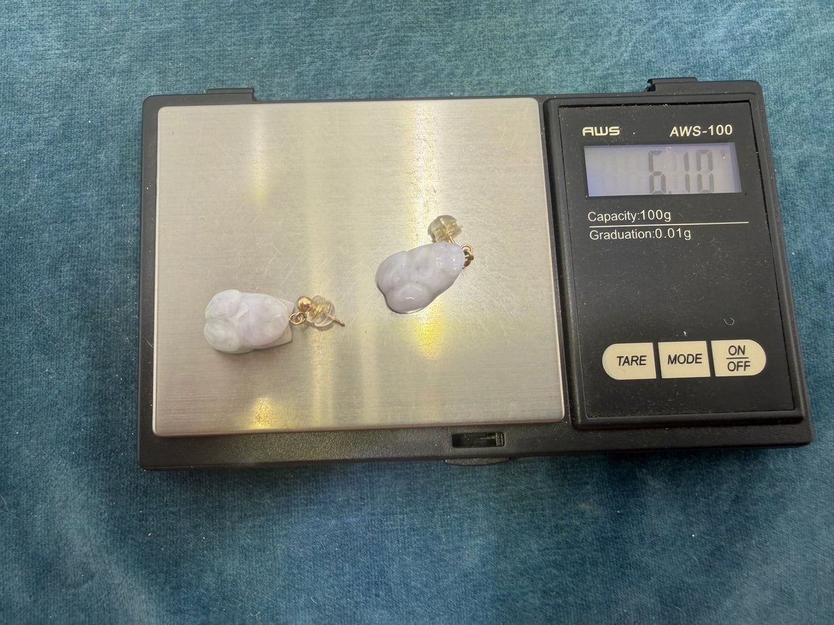14k Gold Lucky Carved Lavender Purple Jade Baby Frog Earrings *Video*