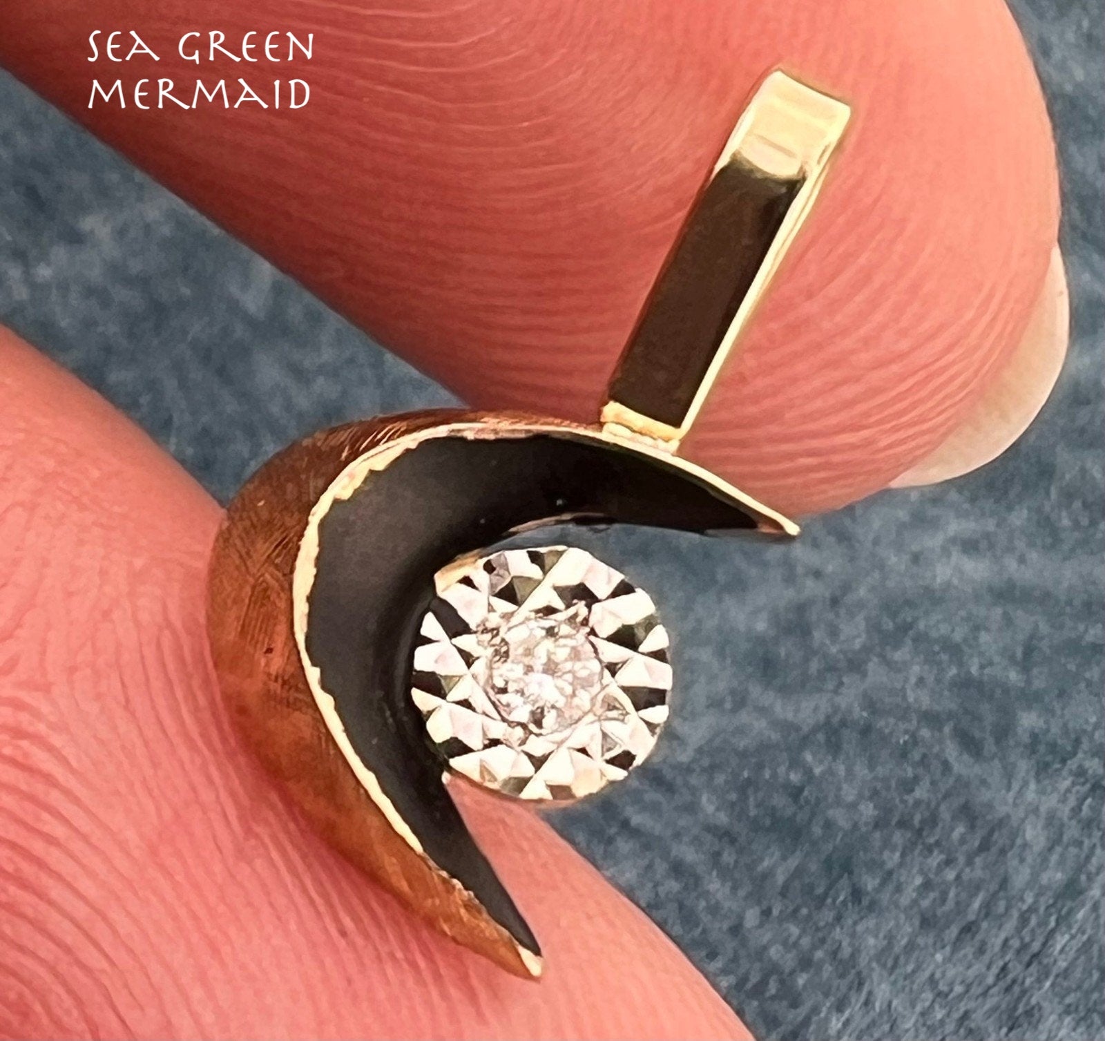 14k Gold MCM Modern Diamond + Crescent Moon Pendant. Tiny!
