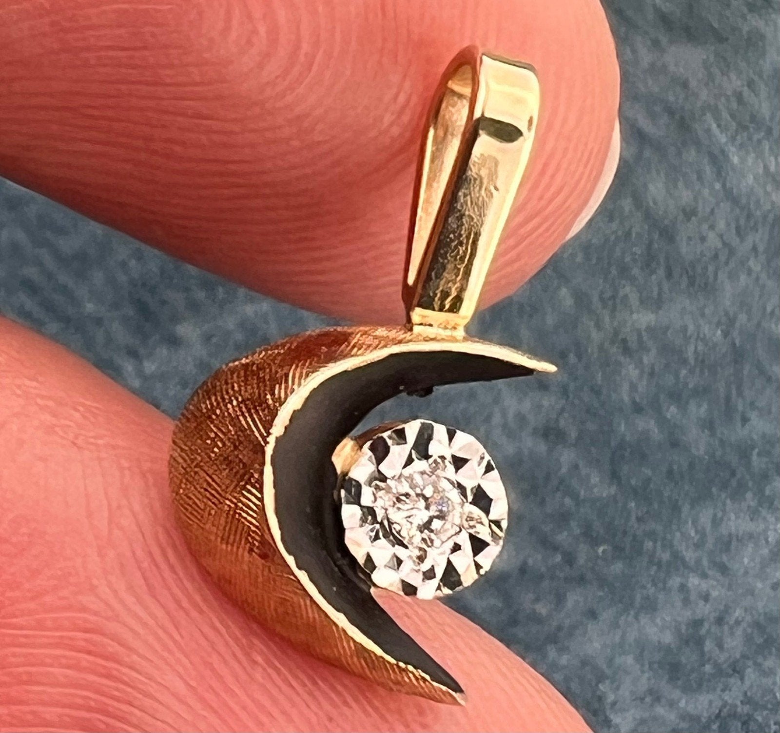 14k Gold MCM Modern Diamond + Crescent Moon Pendant. Tiny!