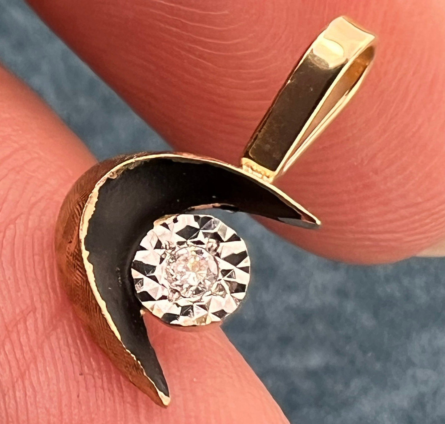 14k Gold MCM Modern Diamond + Crescent Moon Pendant. Tiny!