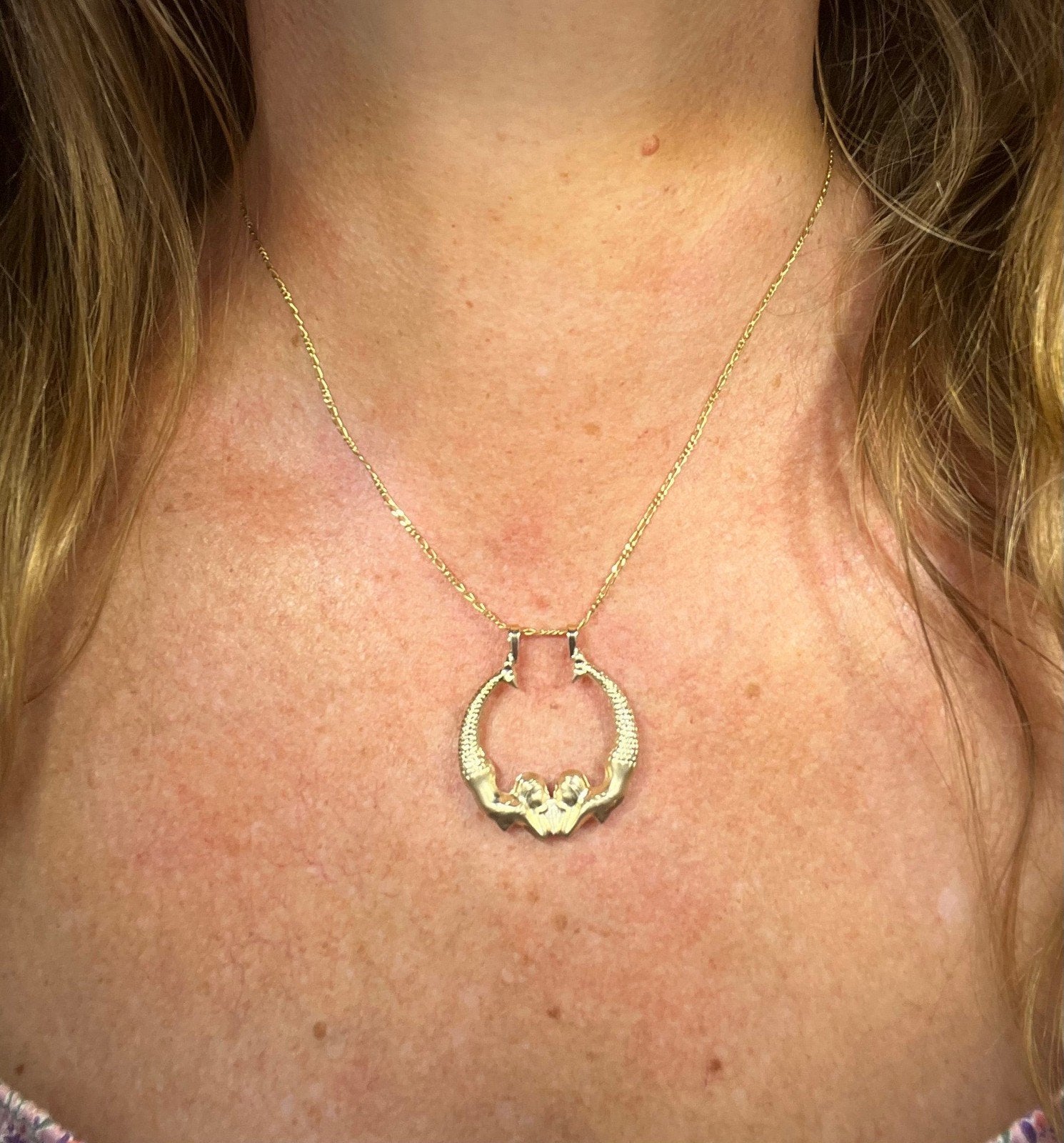 14k Gold MERMAIDS Art Deco Pendant. 1"