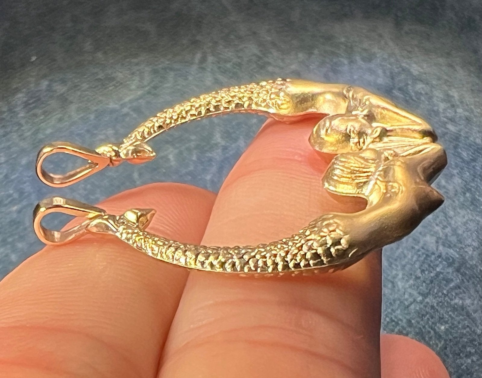 14k Gold MERMAIDS Art Deco Pendant. 1"
