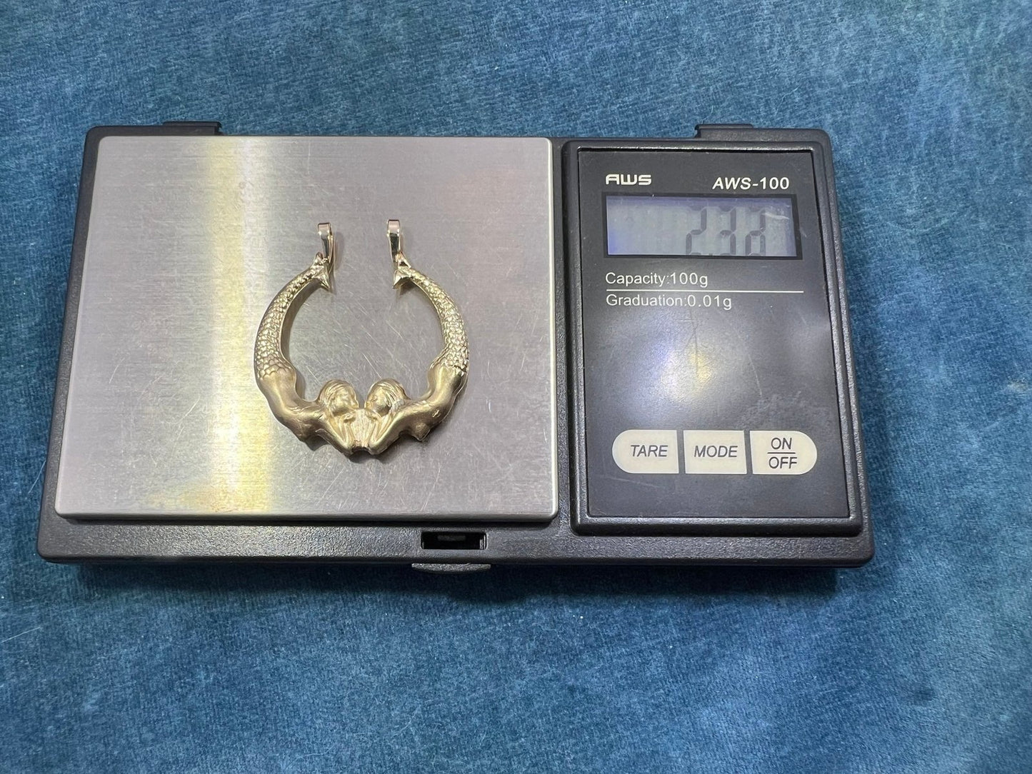 14k Gold MERMAIDS Art Deco Pendant. 1"