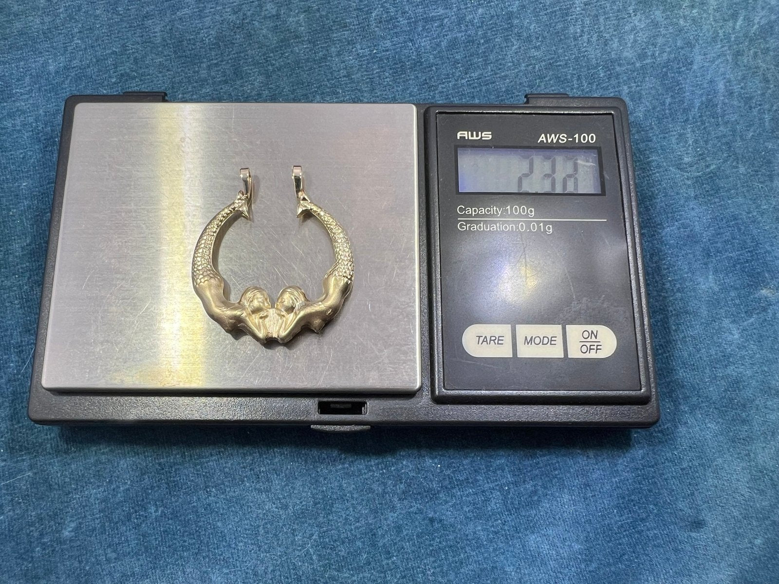 14k Gold MERMAIDS Art Deco Pendant. 1"