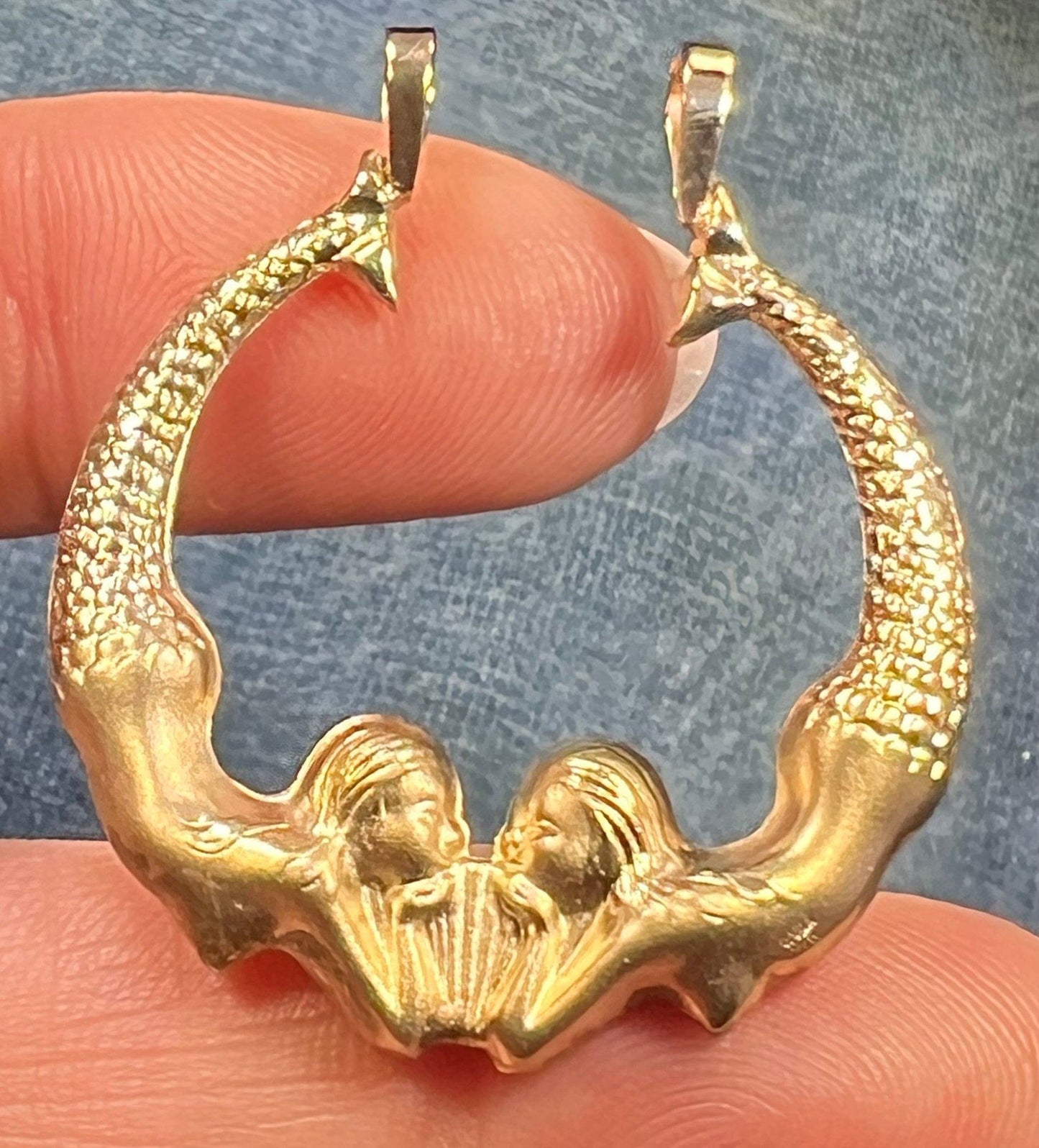 14k Gold MERMAIDS Art Deco Pendant. 1"
